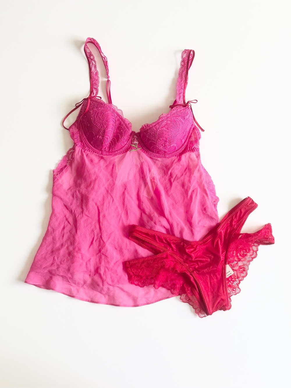 Vintage 34B SMALL Victoria’s Secret pink & red babydoll lingerie set panties